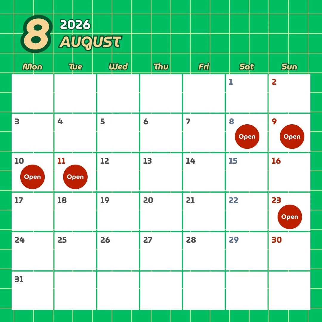 カフェ営業カレンダー 2026年8月